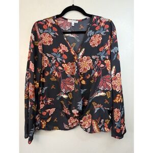 Moa Moa Faux Wrap Blouse W Bird/floral Print V Neck Size L